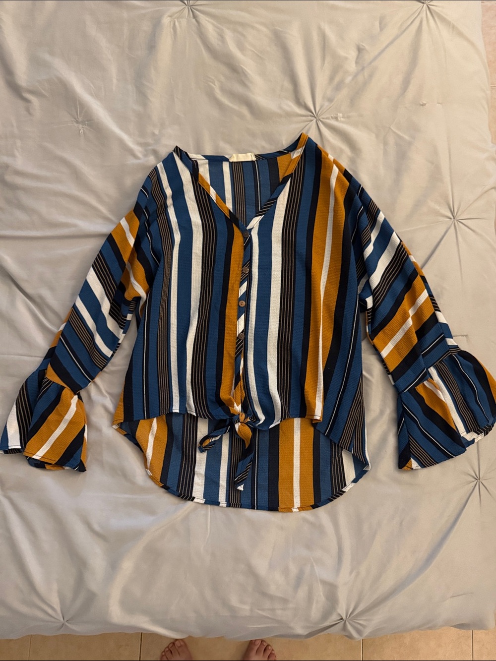 Altar'd State Navy, Mustard & White Striped Tie-Front Blouse
